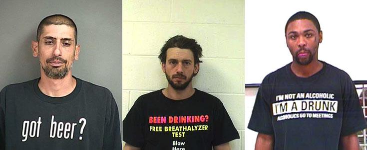 Arrested for DUI, DUI, and public drunkenness (left to right).