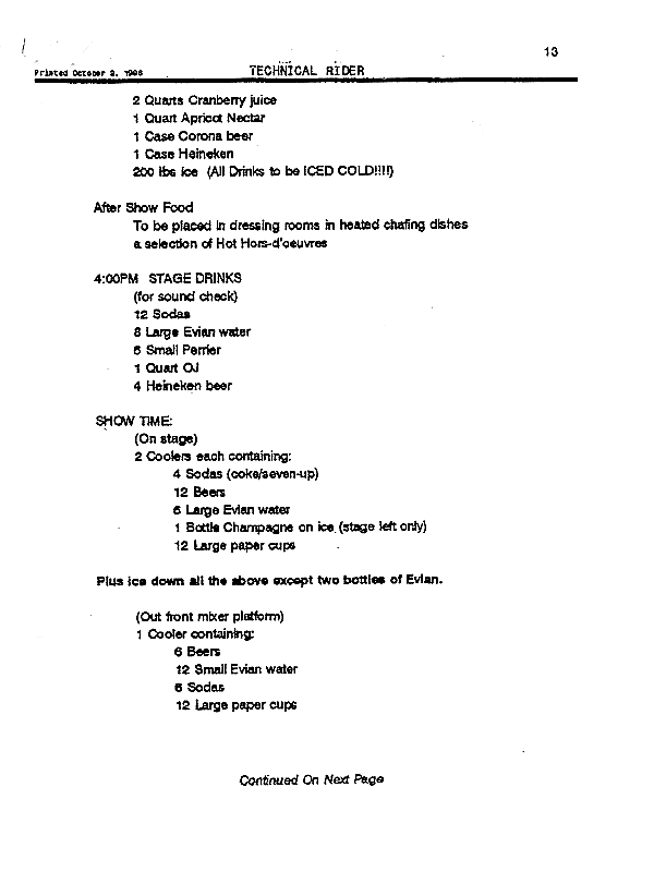 INXS Backstage Rider