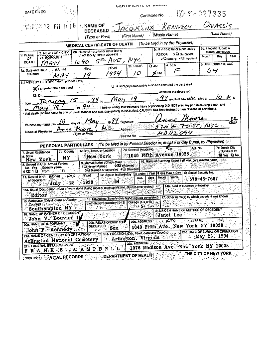Jackie Onassis Death Certificate