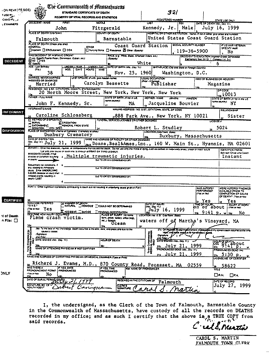 JFK, Jr. Death Certificate